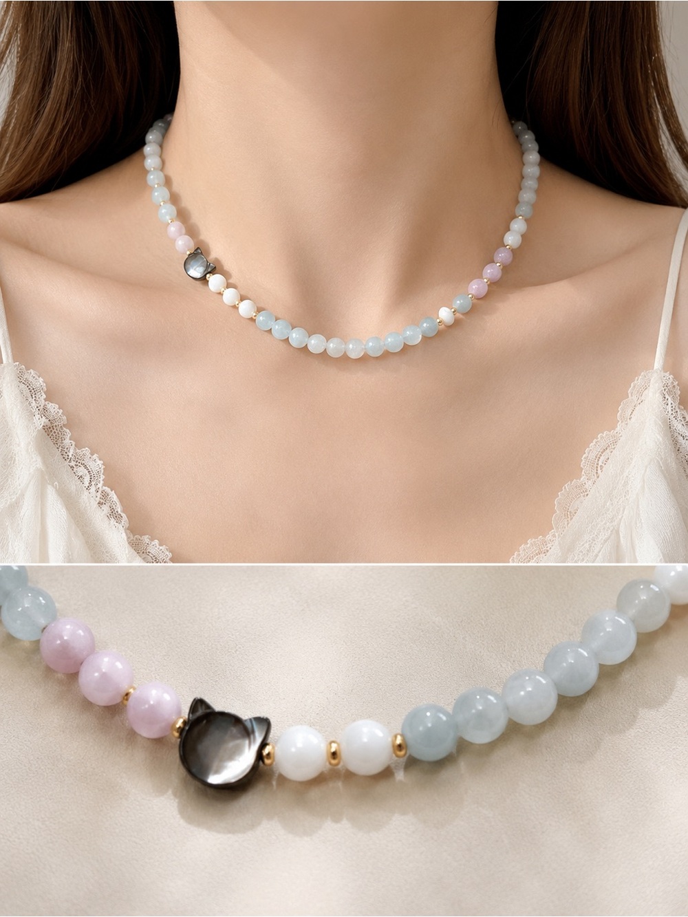 Handmade Kunzite & Blue Aquamarine Necklace Real Mother of Pearl  Kitty Charm